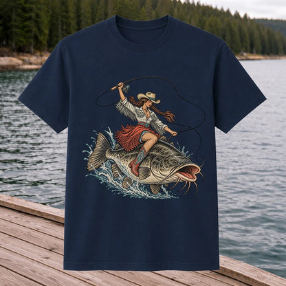 Cowgirl Riding a Largemouth Bass Fishing Graphic T-Shirt