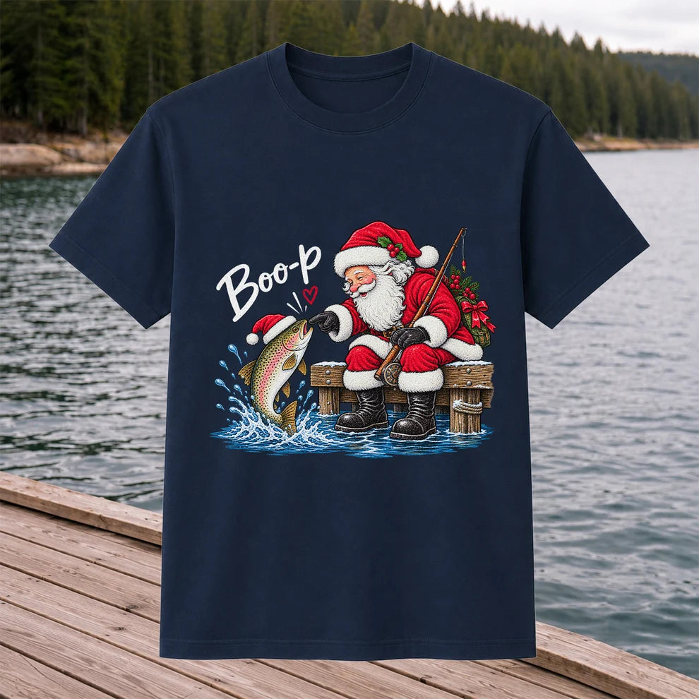 Santa Fishing for Rainbow Trout Christmas Graphic T-Shirt