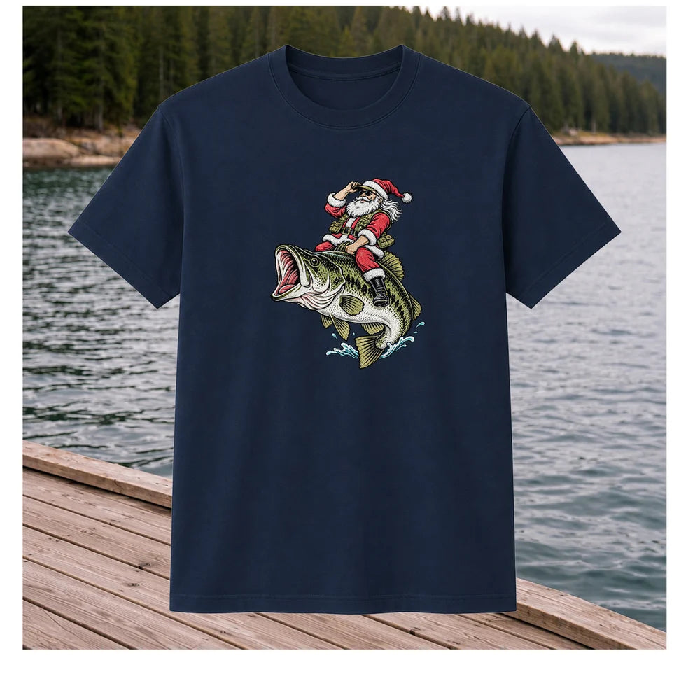 Santa Riding Largemouth Bass Christmas Fishing Graphic T-Shirt