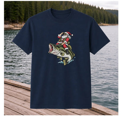 Santa Riding Largemouth Bass Christmas Fishing Graphic T-Shirt