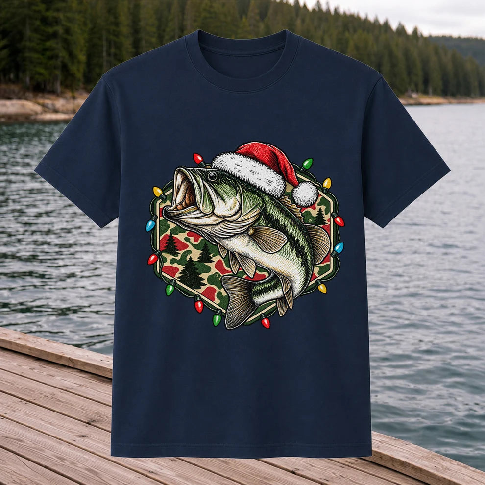 Santa Hat Largemouth Bass Christmas Fishing Graphic T-Shirt