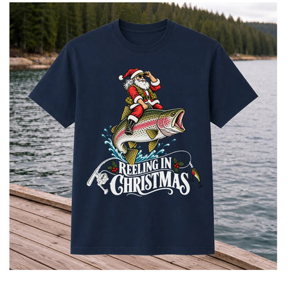 Reeling in Christmas Santa Rainbow Trout Fishing T-Shirt