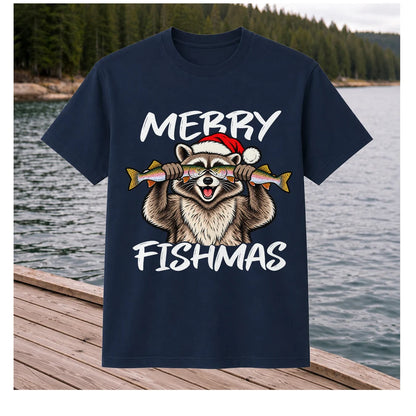 Merry Fishmas Raccoon Rainbow Trout Christmas Fishing T-Shirt