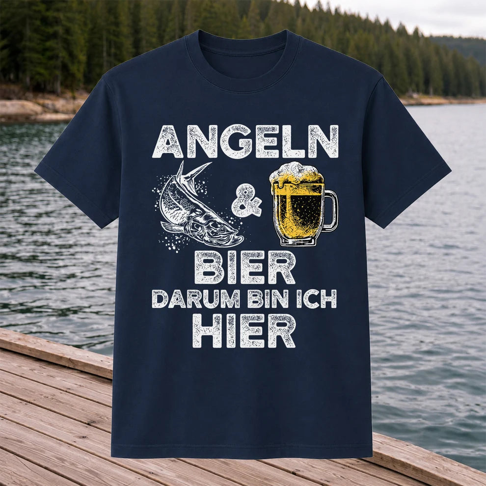 Angeln Und Bier Darum Bin Ich Hier Funny Fishing T-Shirt
