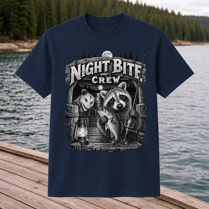 Night Bite Crew Raccoon and Bass Fishing Graphic T-Shirt