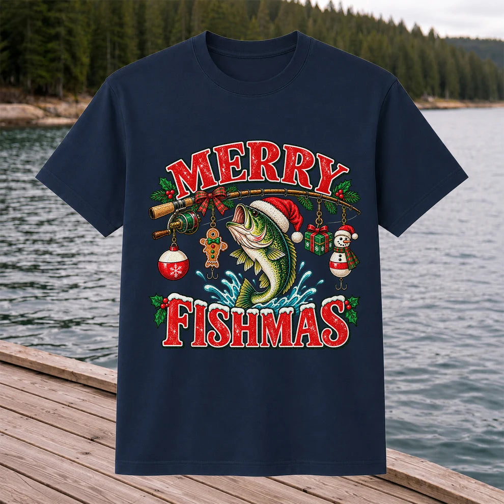 Merry Fishmas Santa Bass Christmas Fishing Graphic T-Shirt