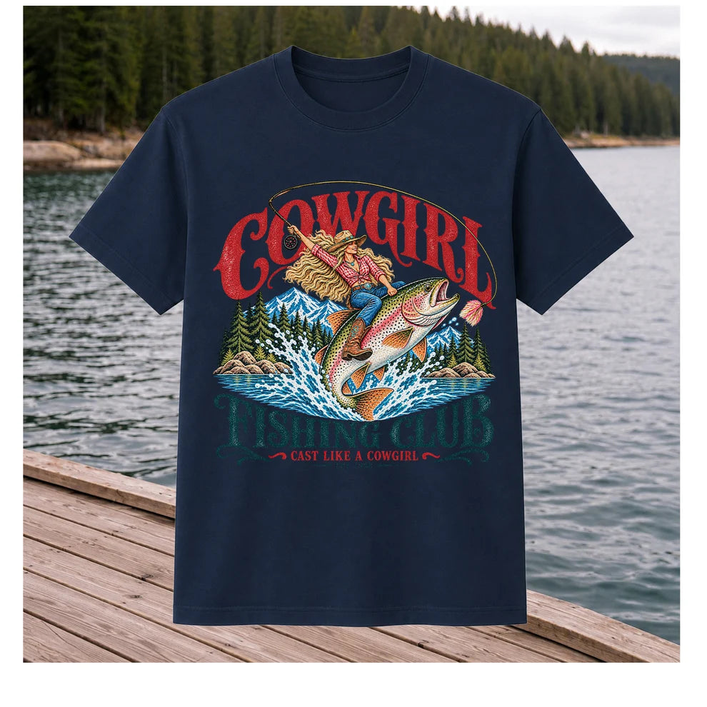Cowgirl Riding Trout Fishing Club Graphic T-Shirt