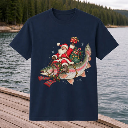 Santa Riding a Festive Rainbow Trout Christmas Fishing Graphic T-Shirt