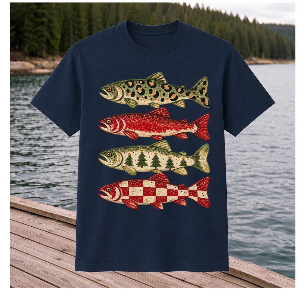 Four Seasonal Trout Patterns Christmas Fishing Graphic T-Shirt