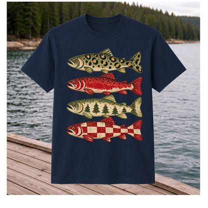 Four Seasonal Trout Patterns Christmas Fishing Graphic T-Shirt