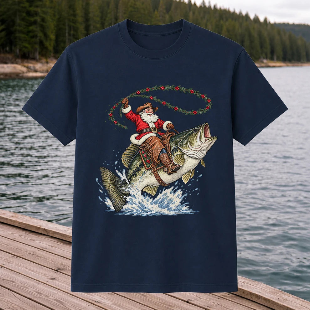 Cowboy Santa Riding a Jumping Bass Christmas Fishing Graphic T-Shirt