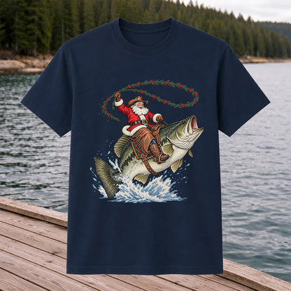 Cowboy Santa Riding a Jumping Bass Christmas Fishing Graphic T-Shirt