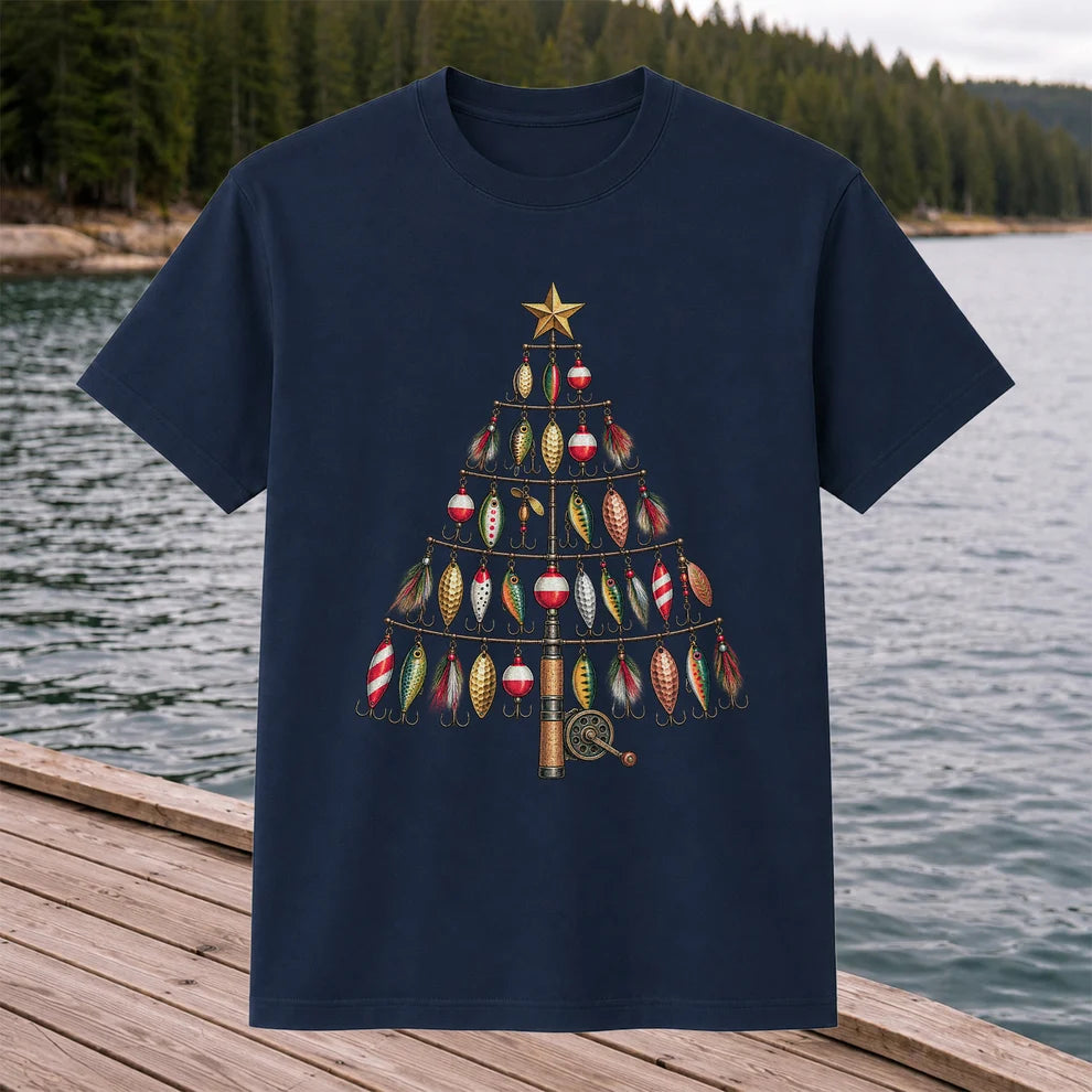 Fishing Lure Christmas Tree with Rod and Reel Graphic T-Shirt