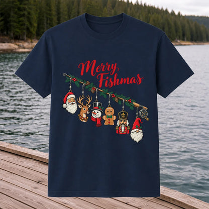 Christmas Fishing Rod Ornaments Holiday Graphic T-Shirt