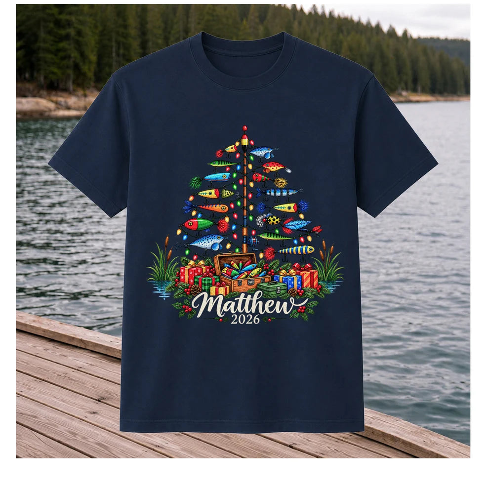 Personalized Christmas Fishing Lure Tree Name Graphic T-Shirt