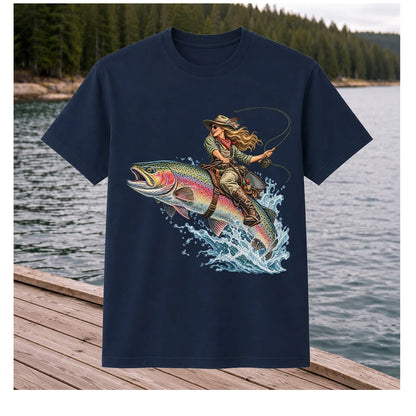 Cowgirl Riding a Rainbow Trout Fly Fishing Graphic T-Shirt
