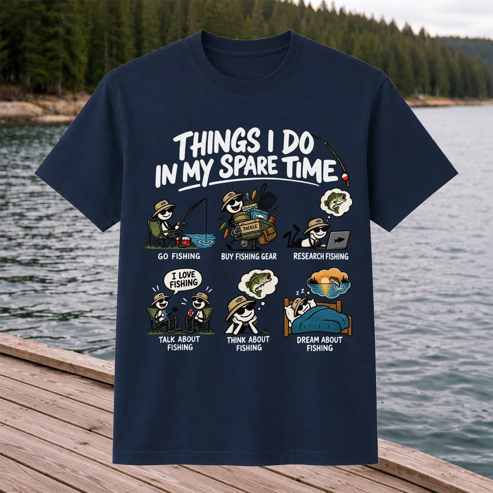 Things I Do in My Spare Time Funny Cartoon Angler Fishing T-Shirt