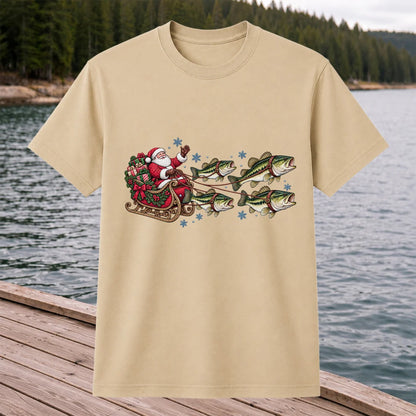 Santa in a Sleigh Pulled by Bass Christmas Fishing Graphic T-Shirt