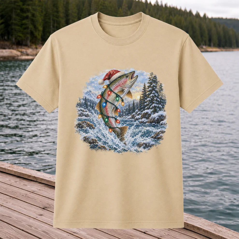 Santa Rainbow Trout with Christmas Lights Fishing T-Shirt
