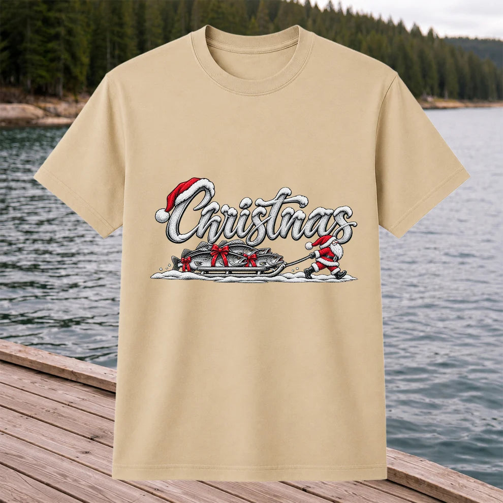 Christmas Santa Pulling Trout Fishing Sled Graphic T-Shirt