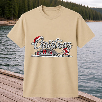 Christmas Santa Pulling Trout Fishing Sled Graphic T-Shirt