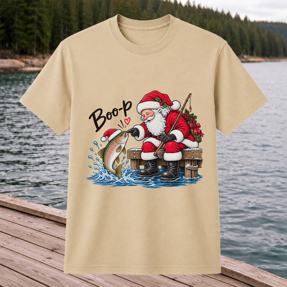 Santa Fishing for Rainbow Trout Christmas Graphic T-Shirt