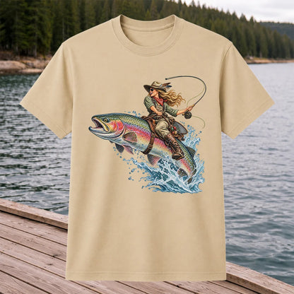 Cowgirl Riding a Rainbow Trout Fly Fishing Graphic T-Shirt
