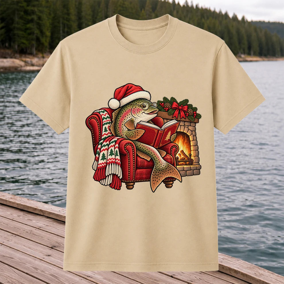 Christmas Trout Reading by the Fireplace Fishing T-Shirt