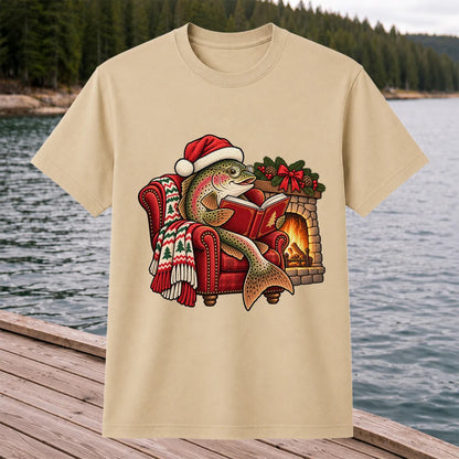 Christmas Trout Reading by the Fireplace Fishing T-Shirt