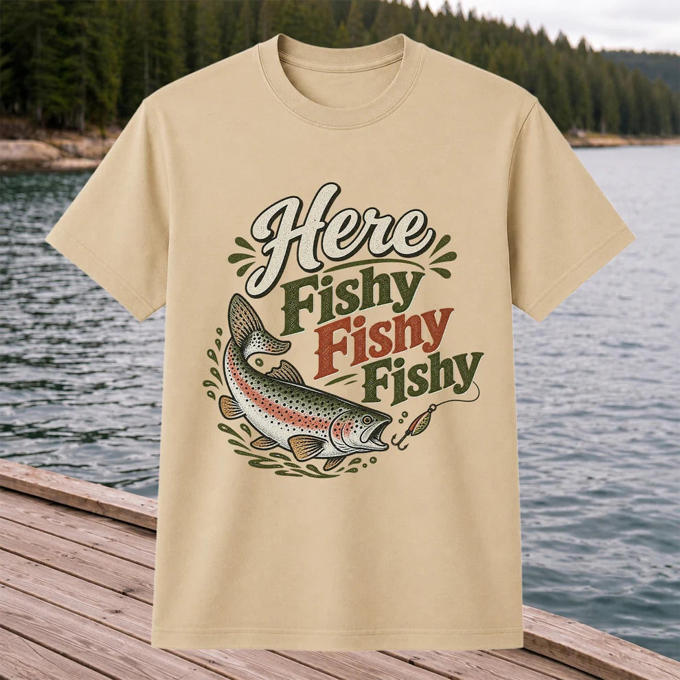 Here Fishy Fishy Rainbow Trout Fishing T-Shirt