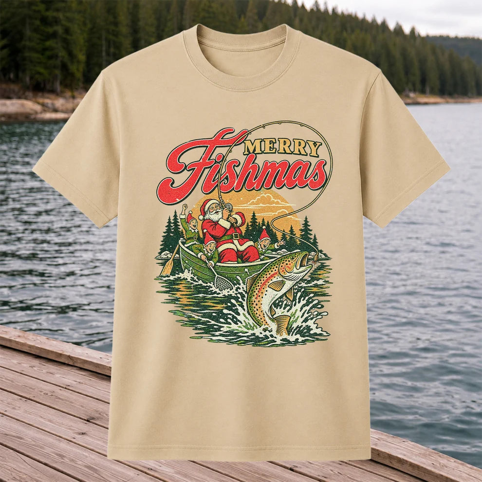 Merry Fishmas Santa and Elves Trout Fishing Christmas T-Shirt