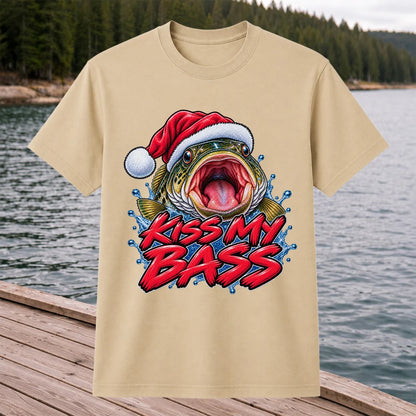 Kiss My Bass Santa Hat Funny Christmas Fishing T-Shirt