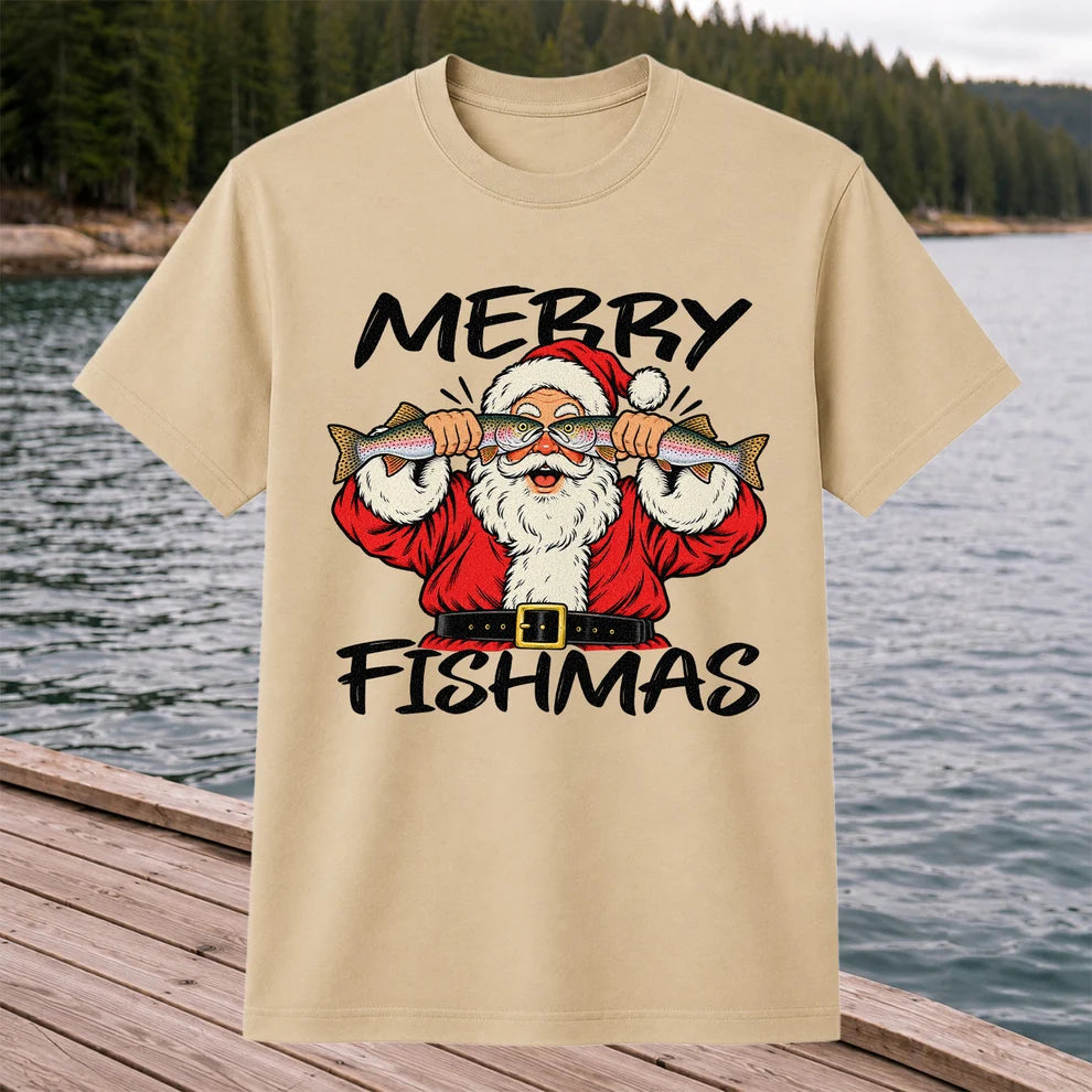 Merry Fishmas Santa Holding Rainbow Trout Christmas Fishing T-Shirt