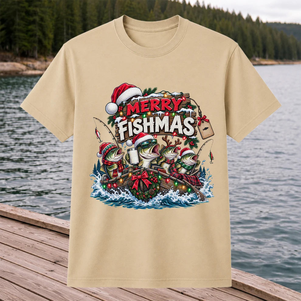 Merry Fishmas Christmas Bass in a Fishing Boat Graphic T-Shirt