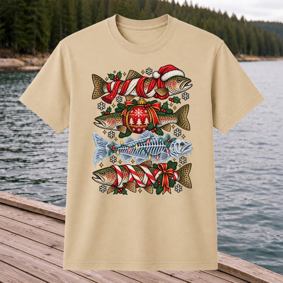 Christmas Rainbow Trout and Fish Skeleton Fishing Graphic T-Shirt