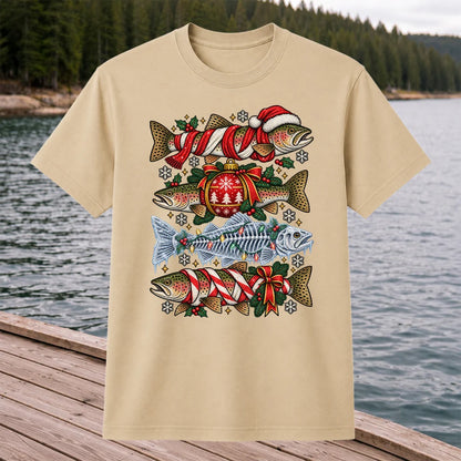 Christmas Rainbow Trout and Fish Skeleton Fishing Graphic T-Shirt