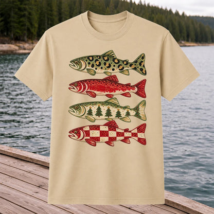 Four Seasonal Trout Patterns Christmas Fishing Graphic T-Shirt