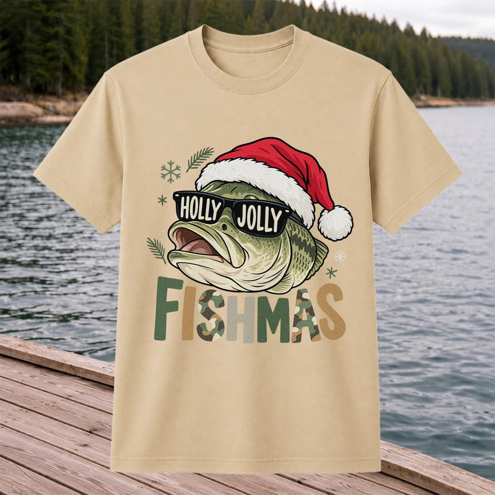 Bass Wearing Santa Hat and Holiday Glasses Fishing Graphic T-Shirt