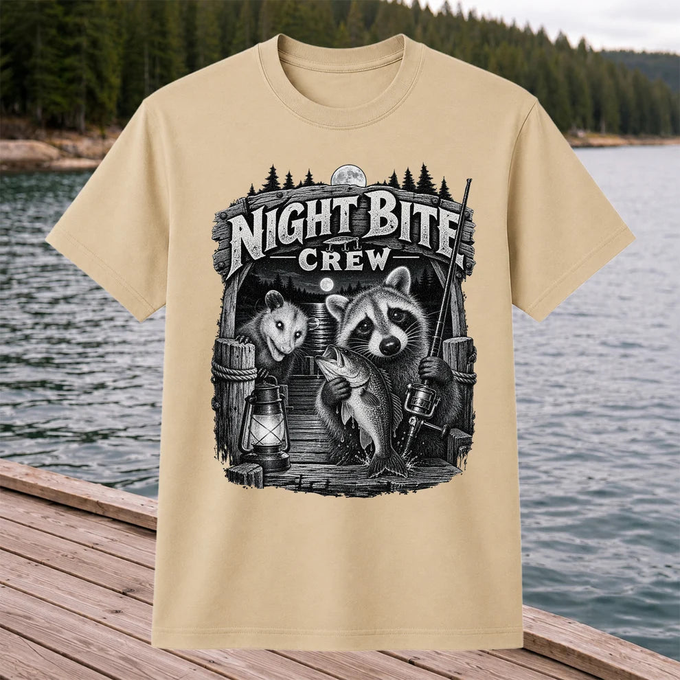 Night Bite Crew Raccoon and Bass Fishing Graphic T-Shirt