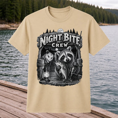 Night Bite Crew Raccoon and Bass Fishing Graphic T-Shirt