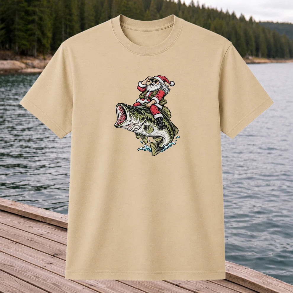 Santa Riding Largemouth Bass Christmas Fishing Graphic T-Shirt