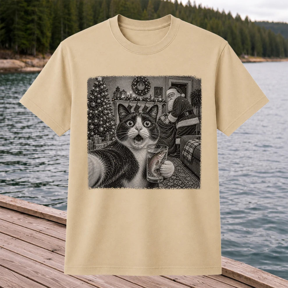 Christmas Cat Holding a Fish Mug Holiday Graphic T-Shirt