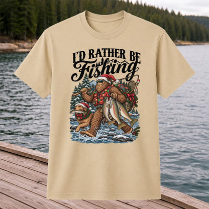 I'd Rather Be Fishing Bigfoot and Dog Christmas Fishing T-Shirt