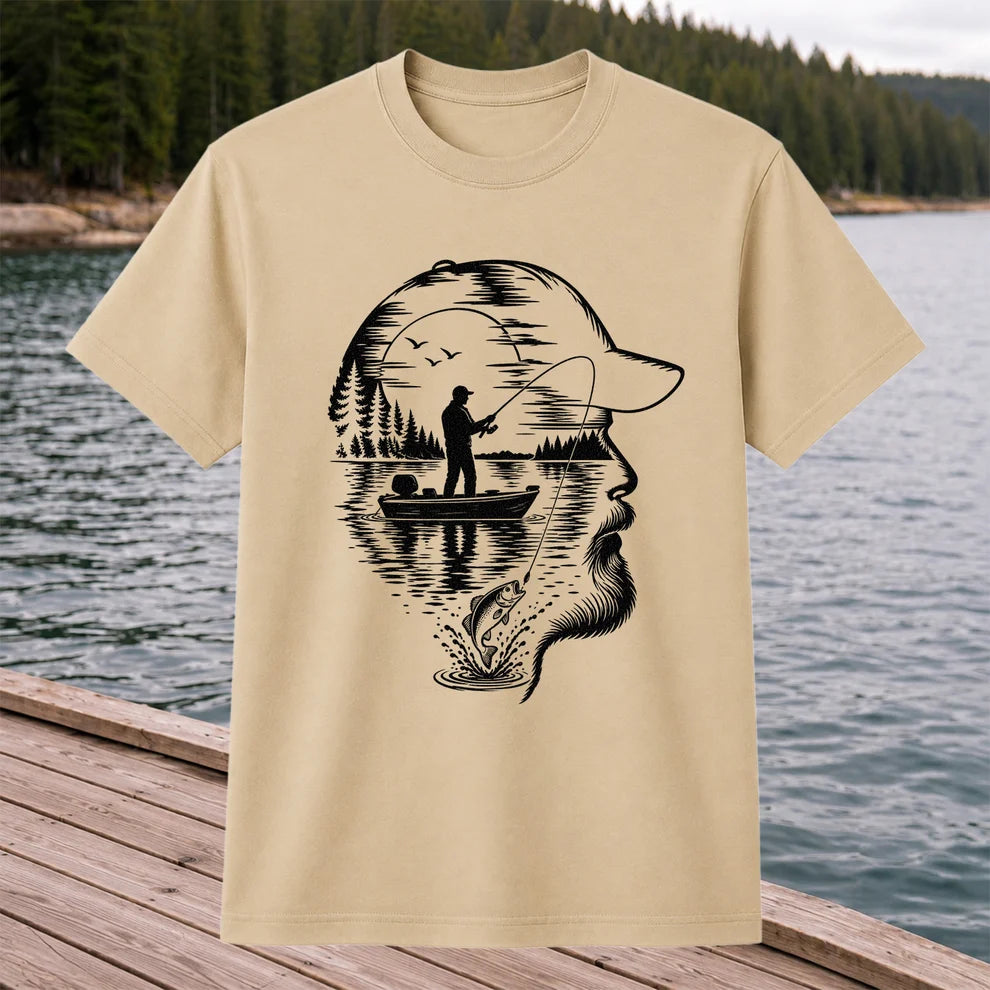 Bearded Angler Silhouette with Lake Fishing Scene Graphic T-Shirt