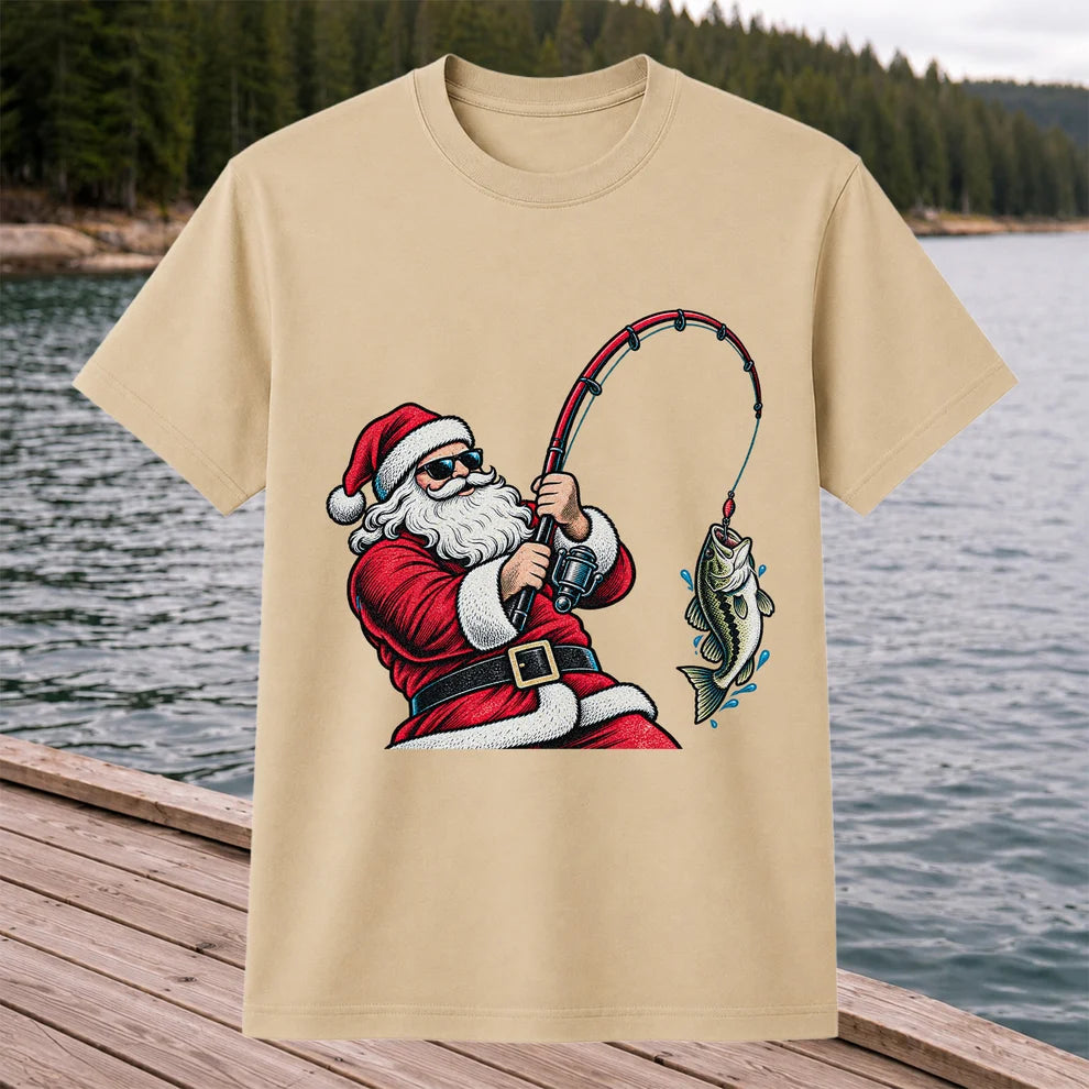 Santa Claus Catching a Bass Christmas Fishing Graphic T-Shirt