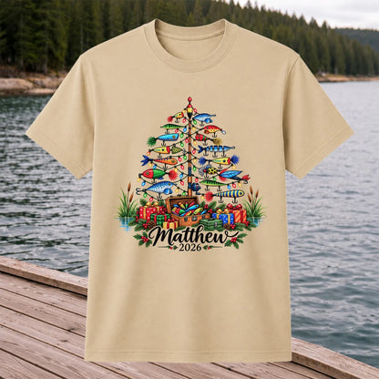 Personalized Christmas Fishing Lure Tree Name Graphic T-Shirt