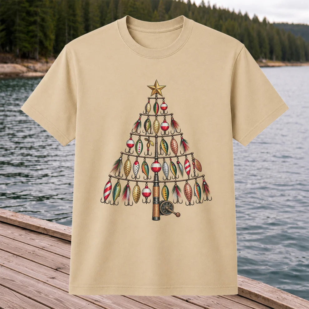 Fishing Lure Christmas Tree with Rod and Reel Graphic T-Shirt
