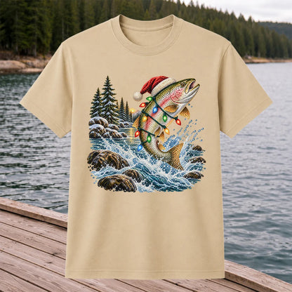 Santa Hat Rainbow Trout Christmas Fishing Graphic T-Shirt