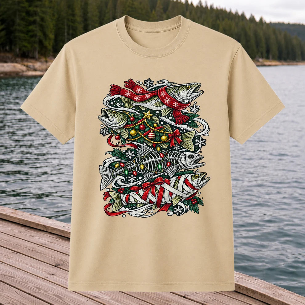 Christmas Trout and Fish Skeleton Holiday Fishing T-Shirt