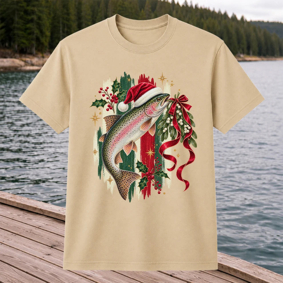 Christmas Santa Hat Rainbow Trout Fishing Graphic T-Shirt